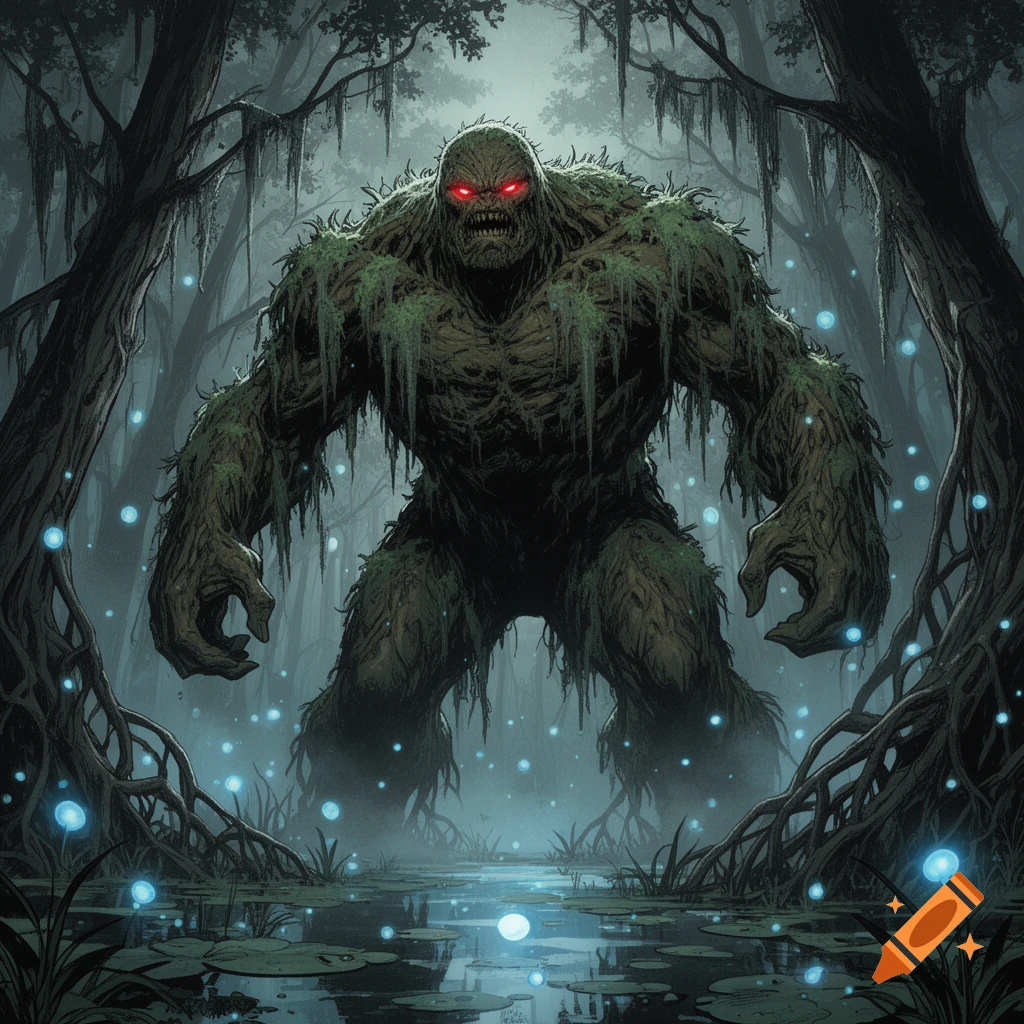 A giant, moss-covered monster with glowing red eyes stands in a dark ...