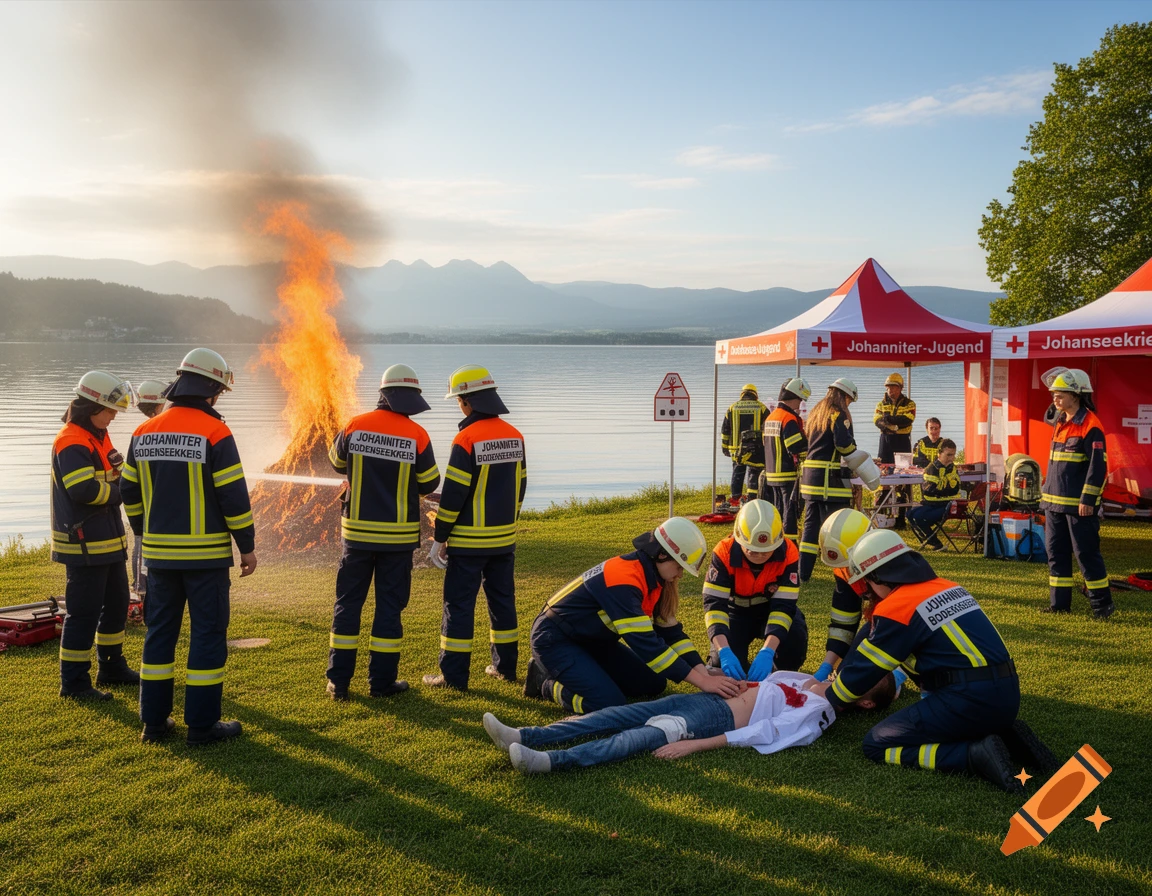 Youth firefighters and Johanniter-Jugend conduct a training exercise by a lake, with a controlled fire and a simulated injury scenario.
