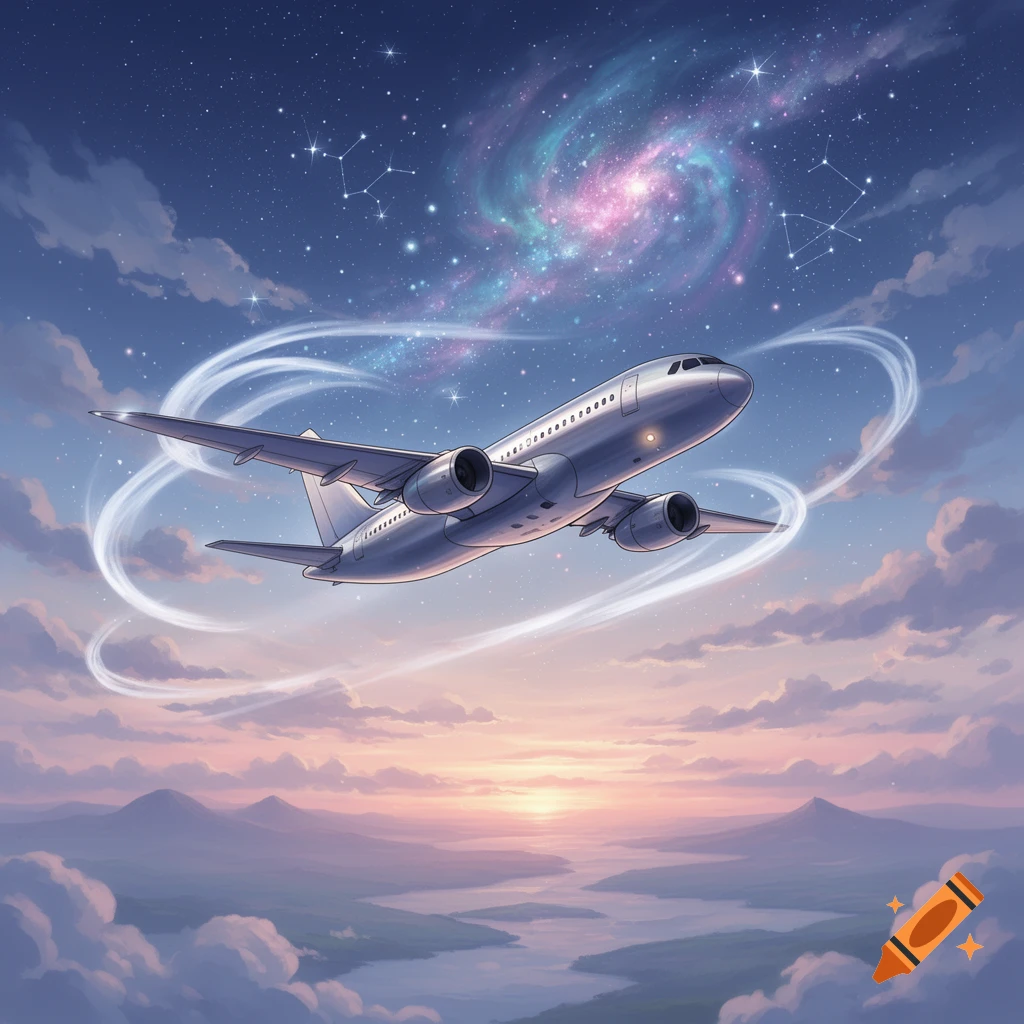 Stylized airplane flying through a cosmic sky with a colorful galaxy above a sunset landscape.