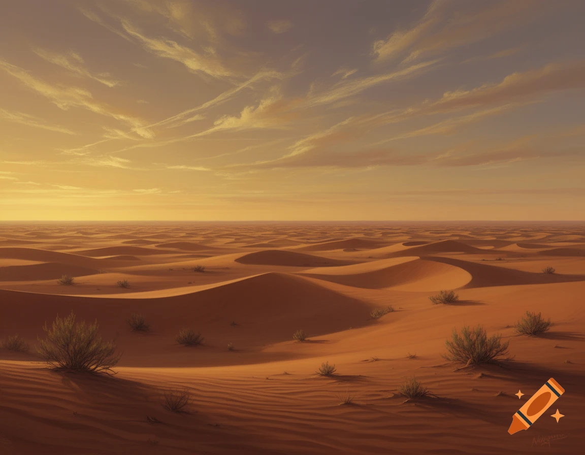 A vast desert landscape with undulating sand dunes and sparse shrubs ...