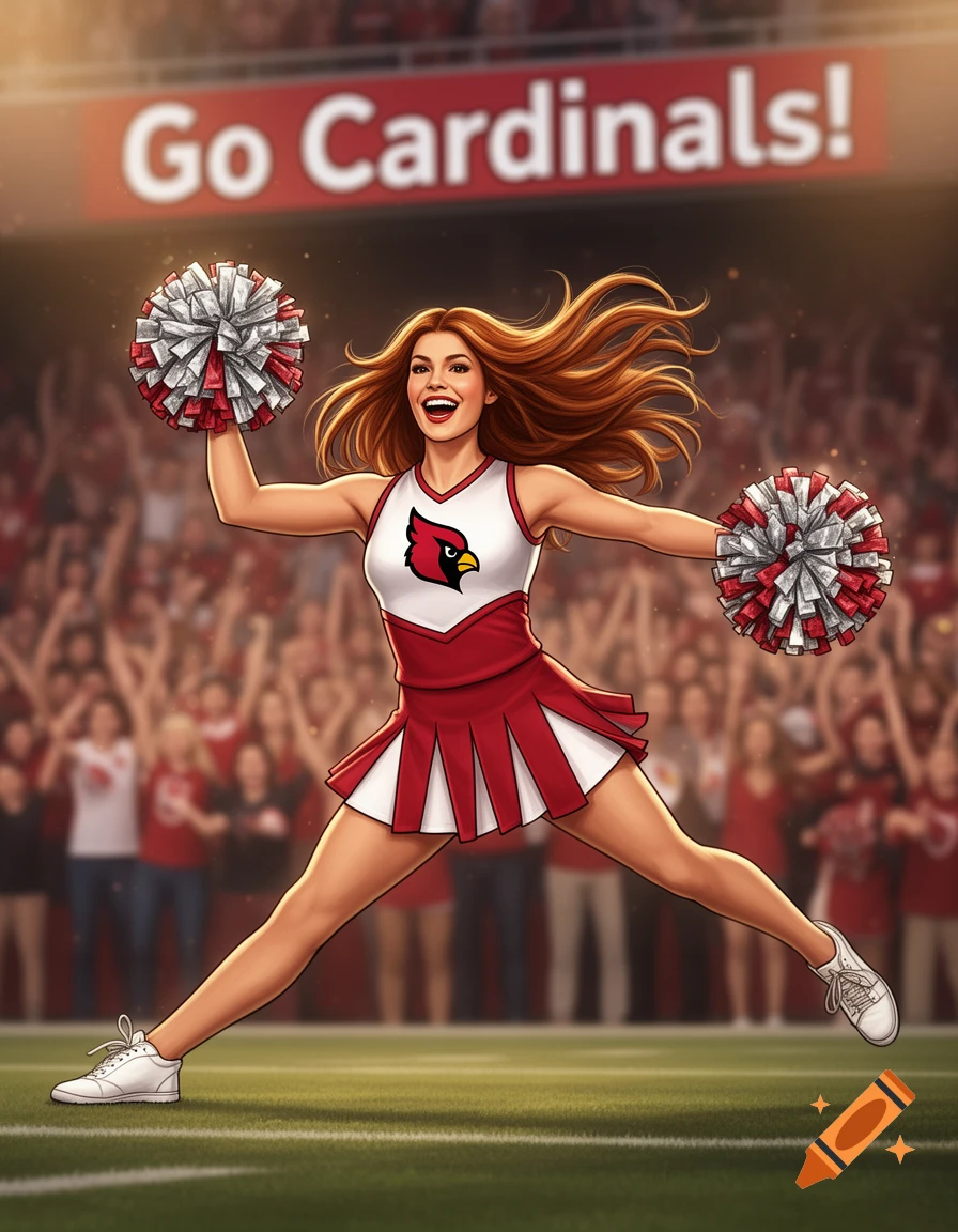 Cartoon illustration of a cheerful Cardinals cheerleader in a red and white uniform doing the splits, holding pompoms on a football field with fans.