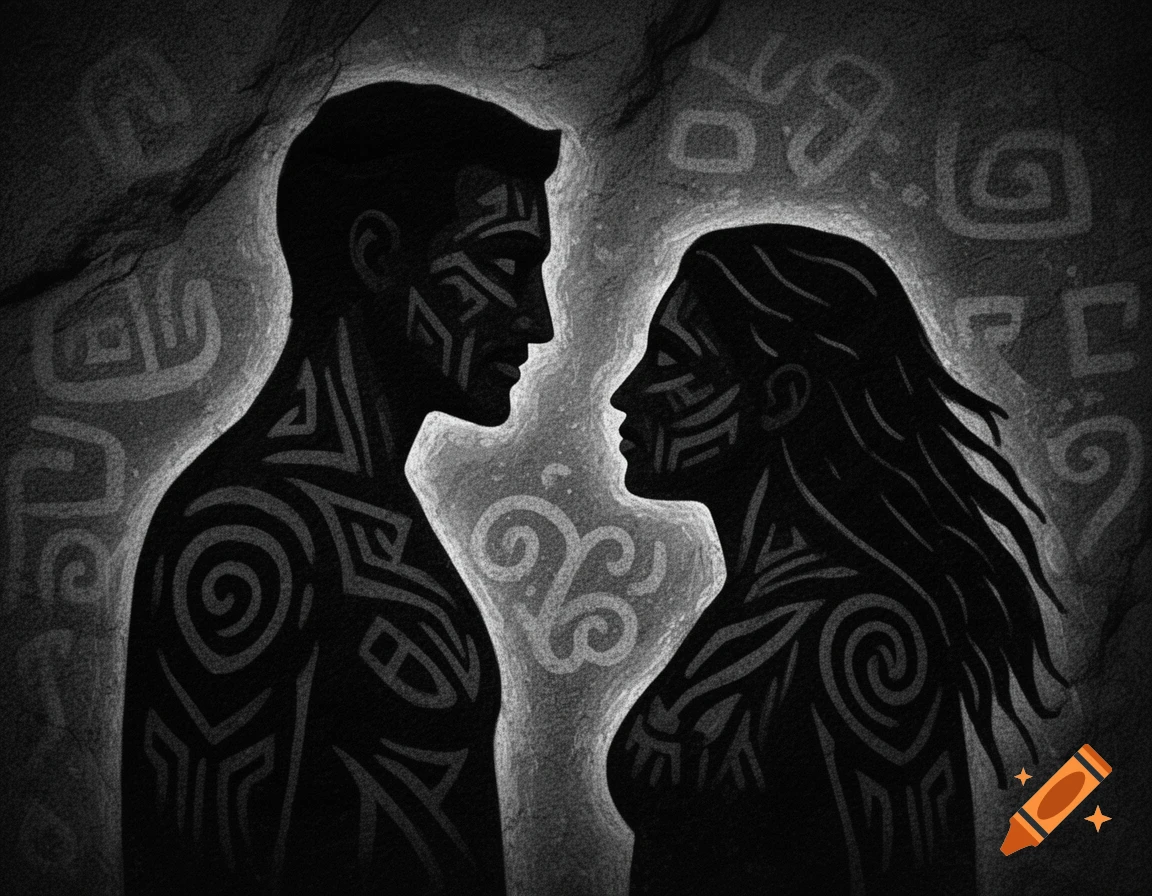Silhouettes of a man and woman with tribal markings facing each other, against a dark petroglyph-patterned background in a black and white style.