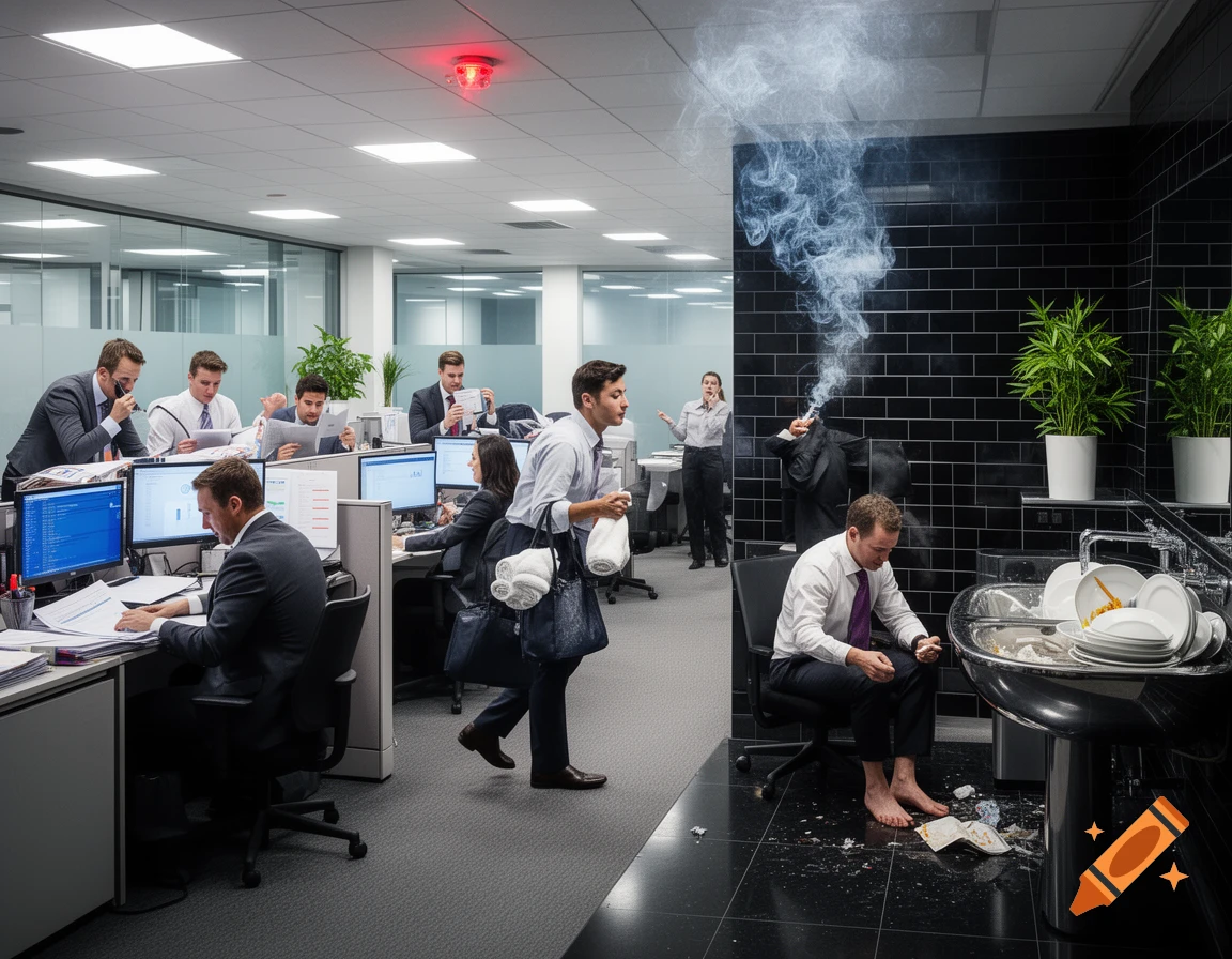 An office scene depicting sales people working at desks, a person carrying towels, another person washing their feet in a dirty sink, and a person smoking with a plume of smoke.