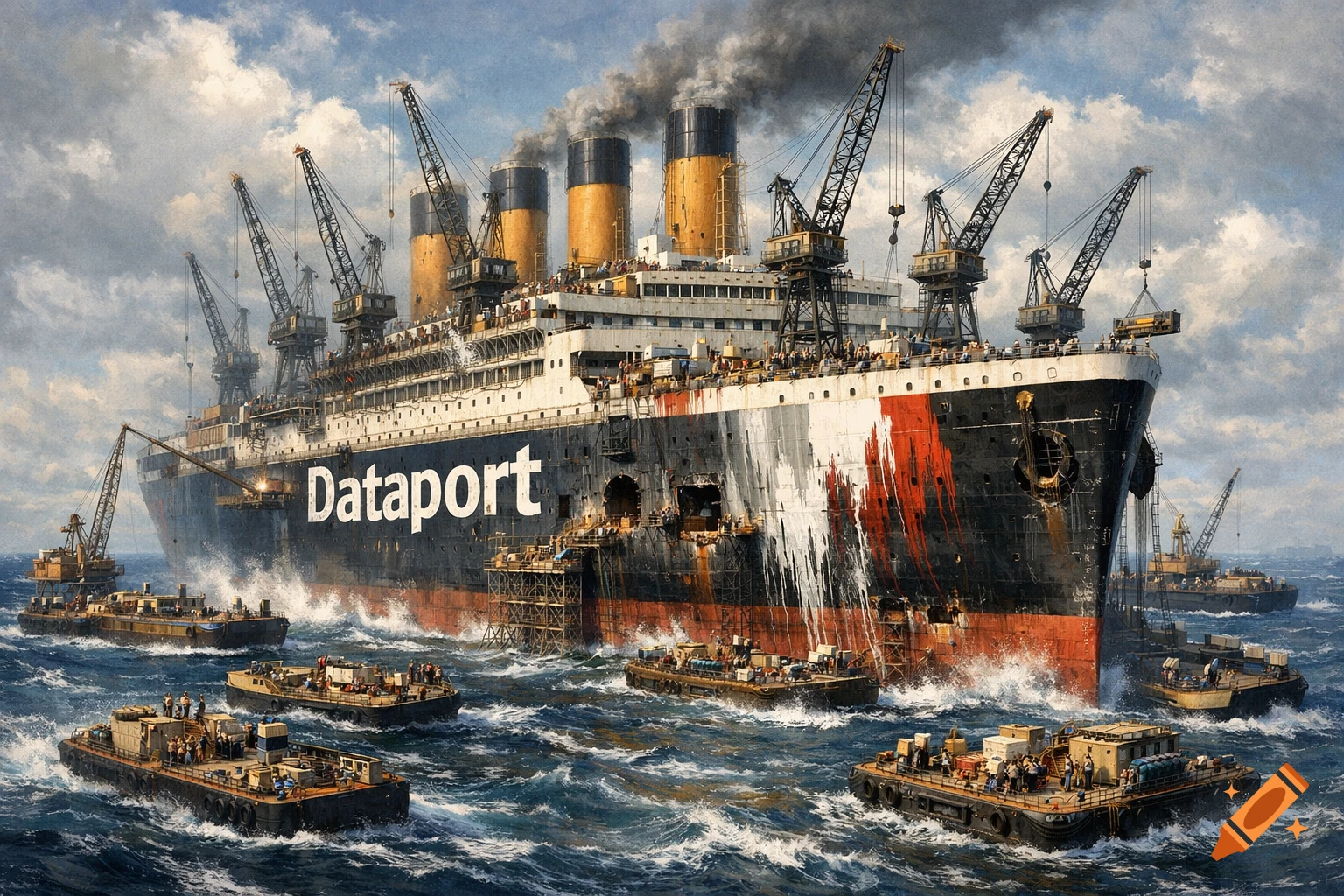 A massive, vintage-style steamer ship named "Dataport" with multiple towering cranes and scaffolding, undergoing repairs and painting mid-ocean, surrounded by numerous small work barges on stormy waters.