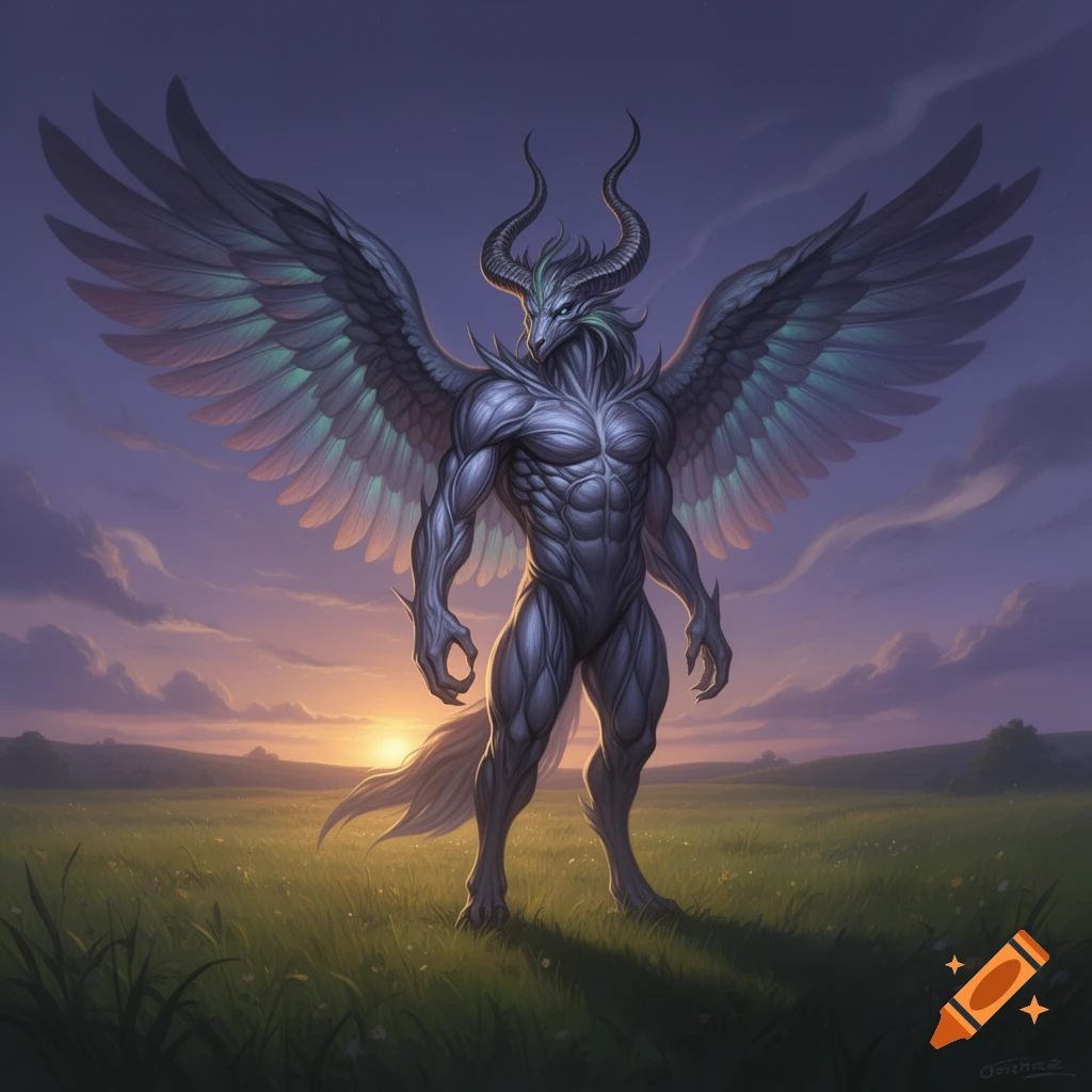 Muscular, winged, horned fantasy creature with green highlights stands in a grassy field at sunset.
