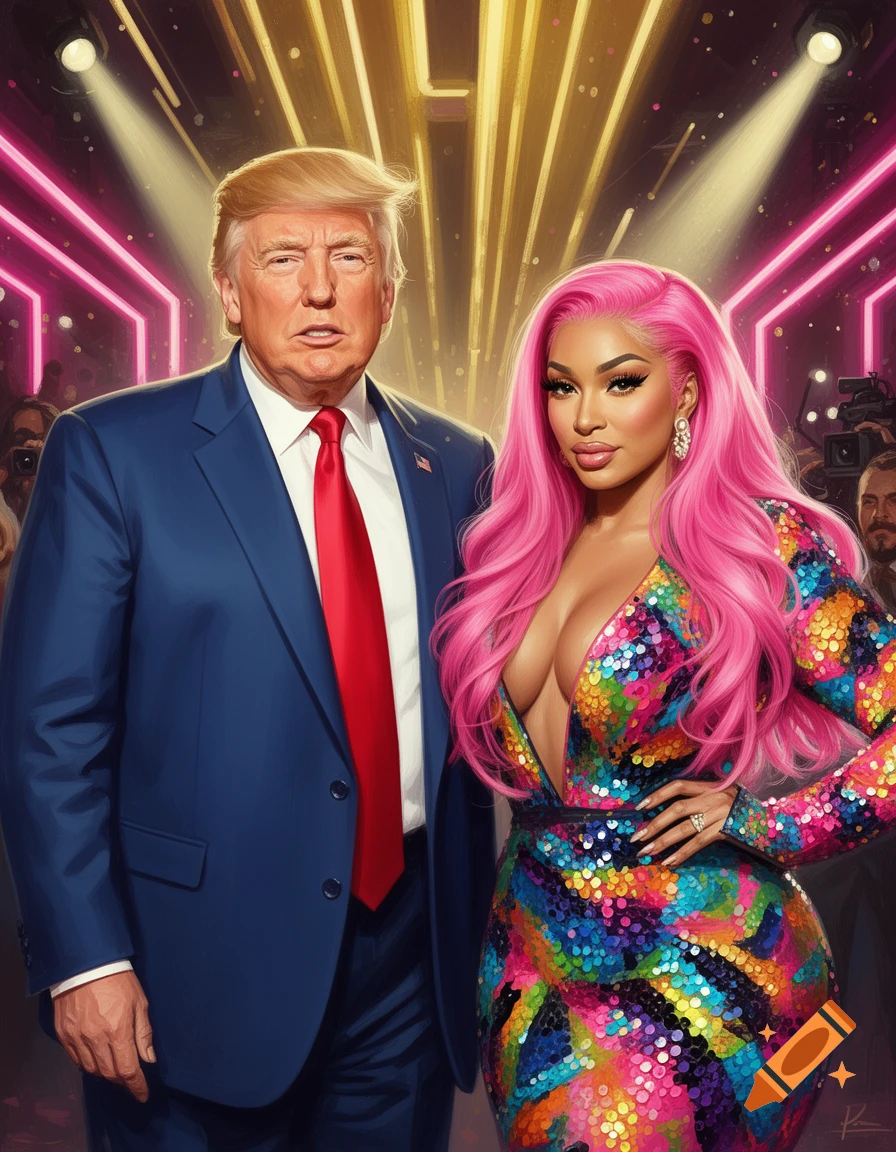 Donald Trump in a blue suit and red tie stands next to a woman with long pink hair wearing a sparkly, colorful, low-cut dress, on a brightly lit stage.