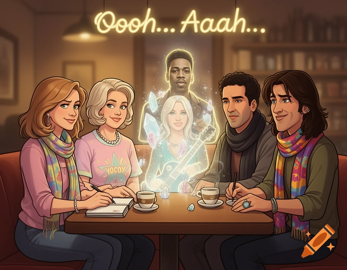 Cartoon friends chat in a cozy coffee shop, with two women writing and two men observing a glowing, ethereal woman with crystals and a guitar. Neon text "Oooh... Aaah..." hovers above.