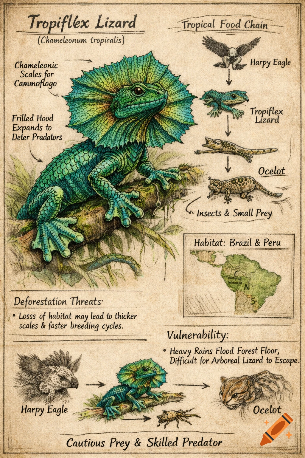 An illustrated scientific diagram of a fictional Tropiflex Lizard, detailing its adaptations, food chain, habitat in Brazil and Peru, and threats like deforestation.