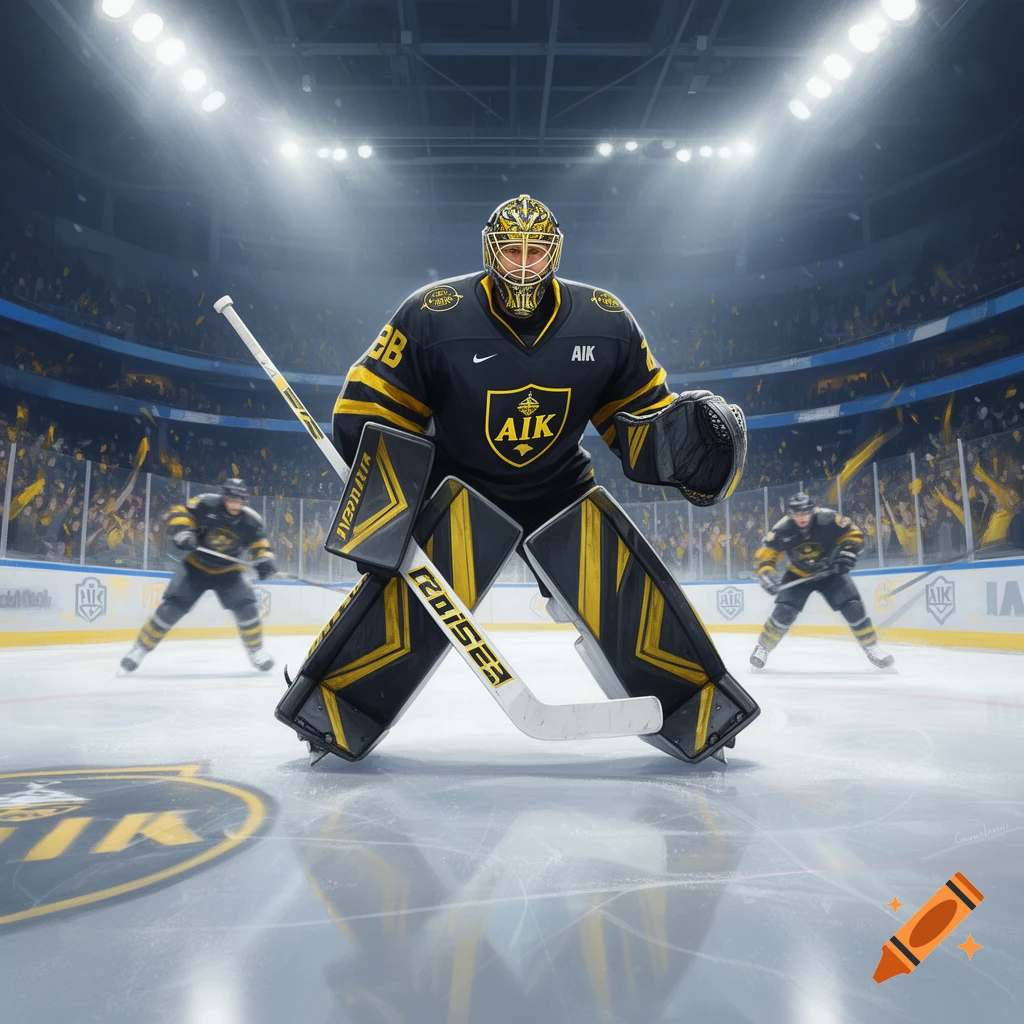 A photorealistic depiction of a hockey goalie in black and yellow uniform, crouched on the ice in a stadium with bright lights and a crowd in the background.