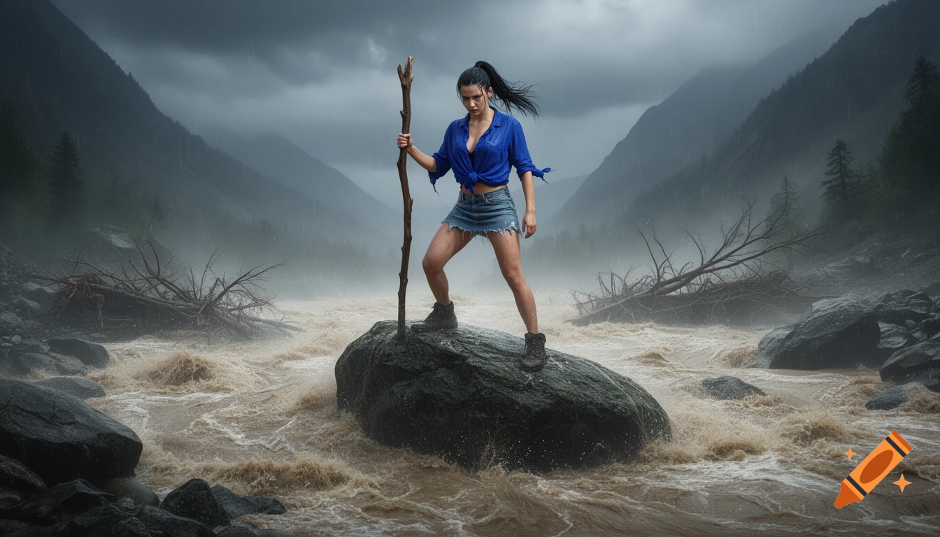 A determined woman stands on a rock in a raging, muddy river, holding a staff, in a stormy mountain valley.