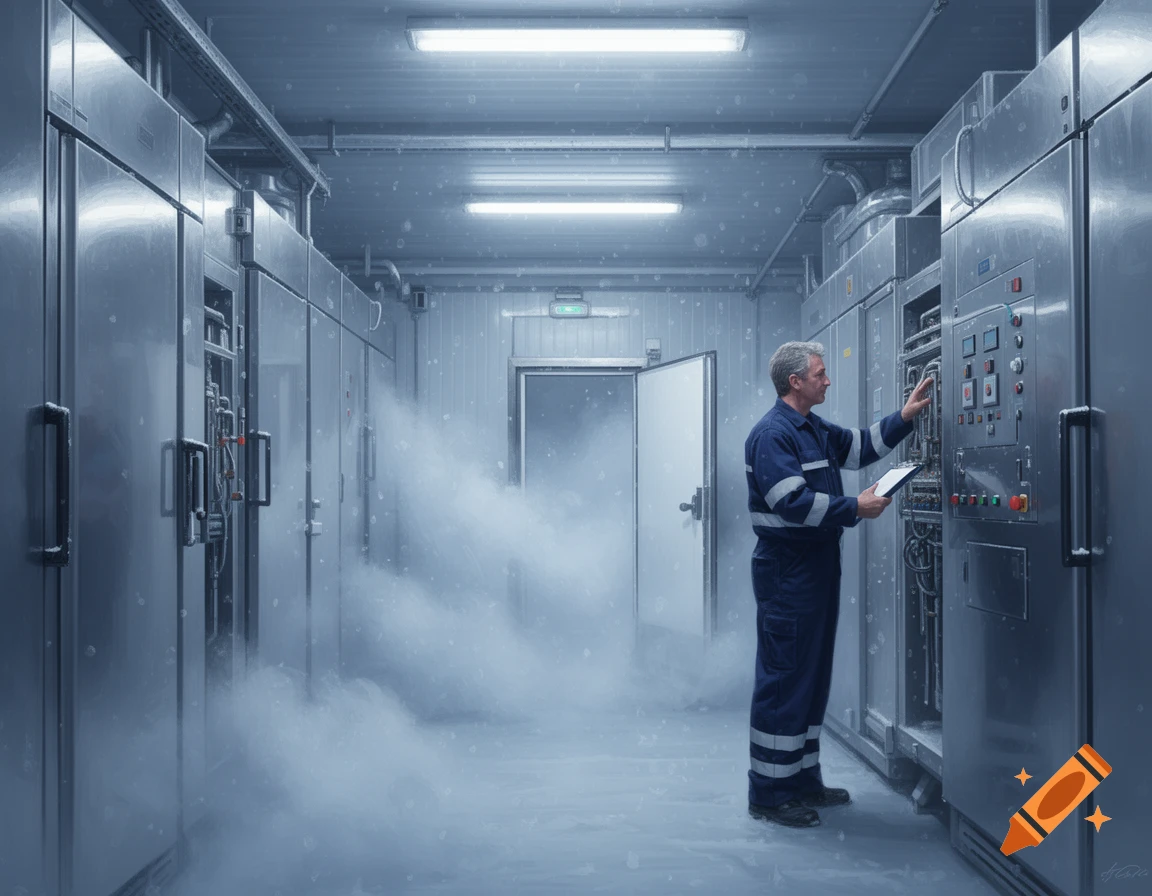 A man in a blue uniform inspecting control panels in a cold industrial facility filled with mist.