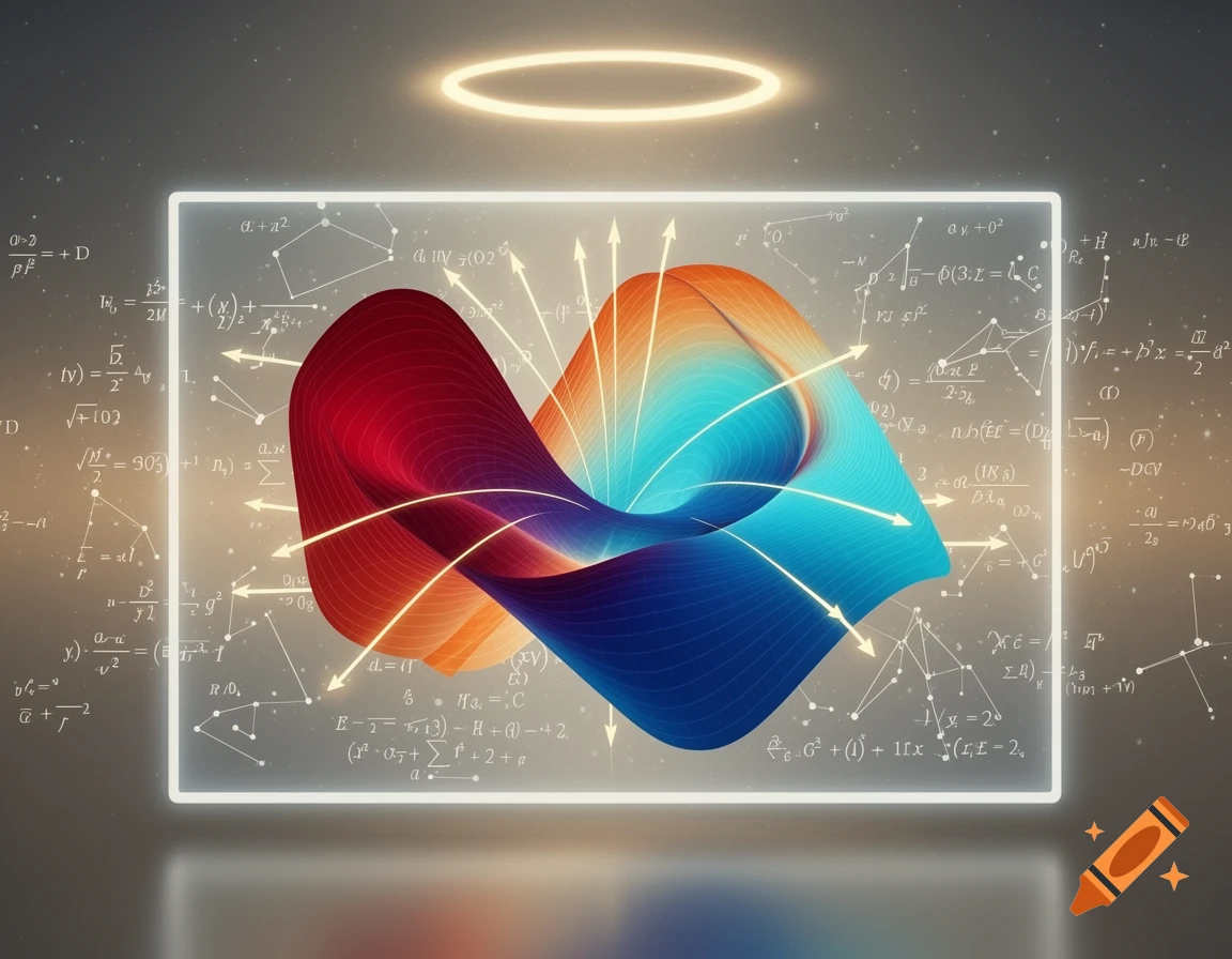 A glowing 3D surface in red, orange, and blue with arrows, surrounded by floating mathematical equations and a light halo, set against a dark starry background.