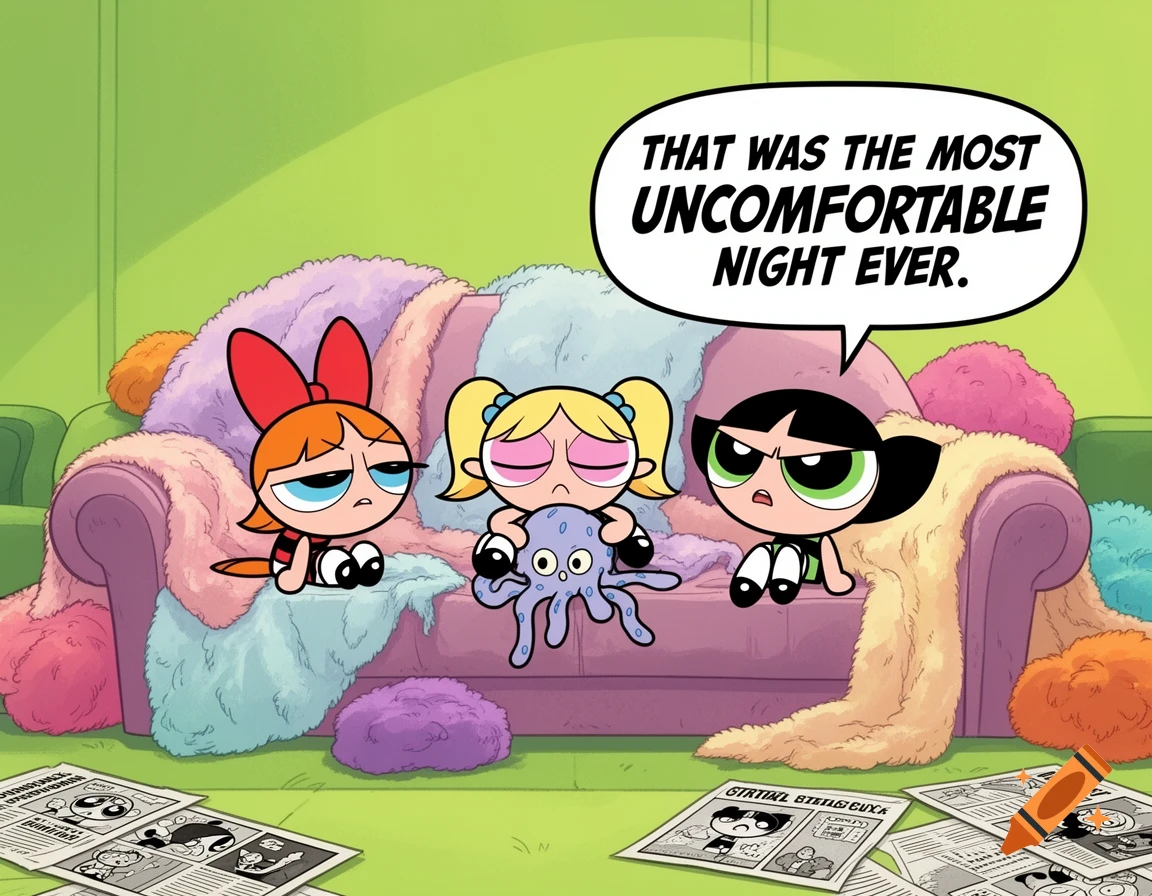 The Powerpuff Girls, Blossom, Bubbles, and Buttercup, look exhausted on a sofa covered in blankets, with Buttercup saying, "THAT WAS THE MOST UNCOMFORTABLE NIGHT EVER."
