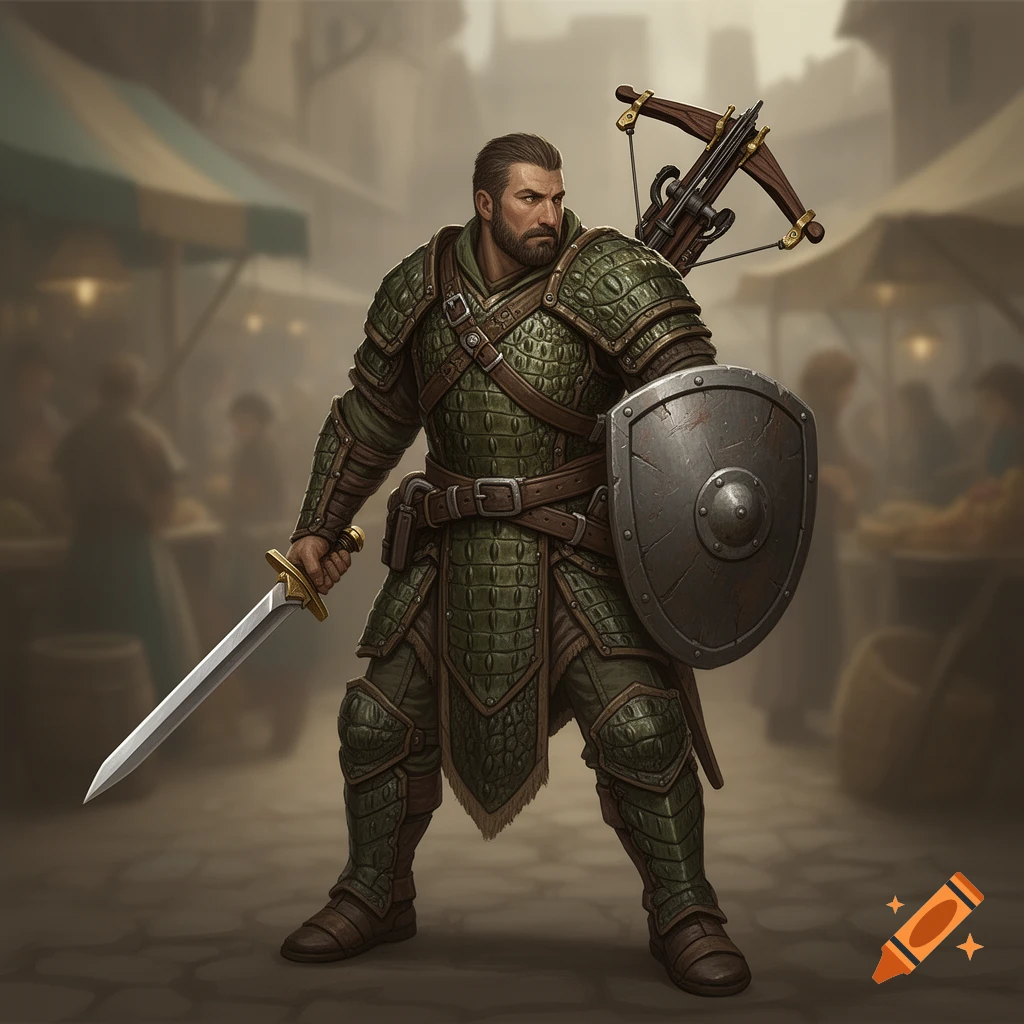 Bearded fantasy warrior in green scale armor, holding a sword and shield, with a crossbow on his back, in a market setting.