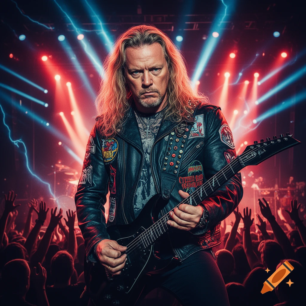 A photorealistic image of a male rock guitarist with long blonde hair, wearing a studded leather jacket, intensely playing a black electric guitar on a brightly lit stage with red and blue lights and lightning effects, in front of a cheering crowd.