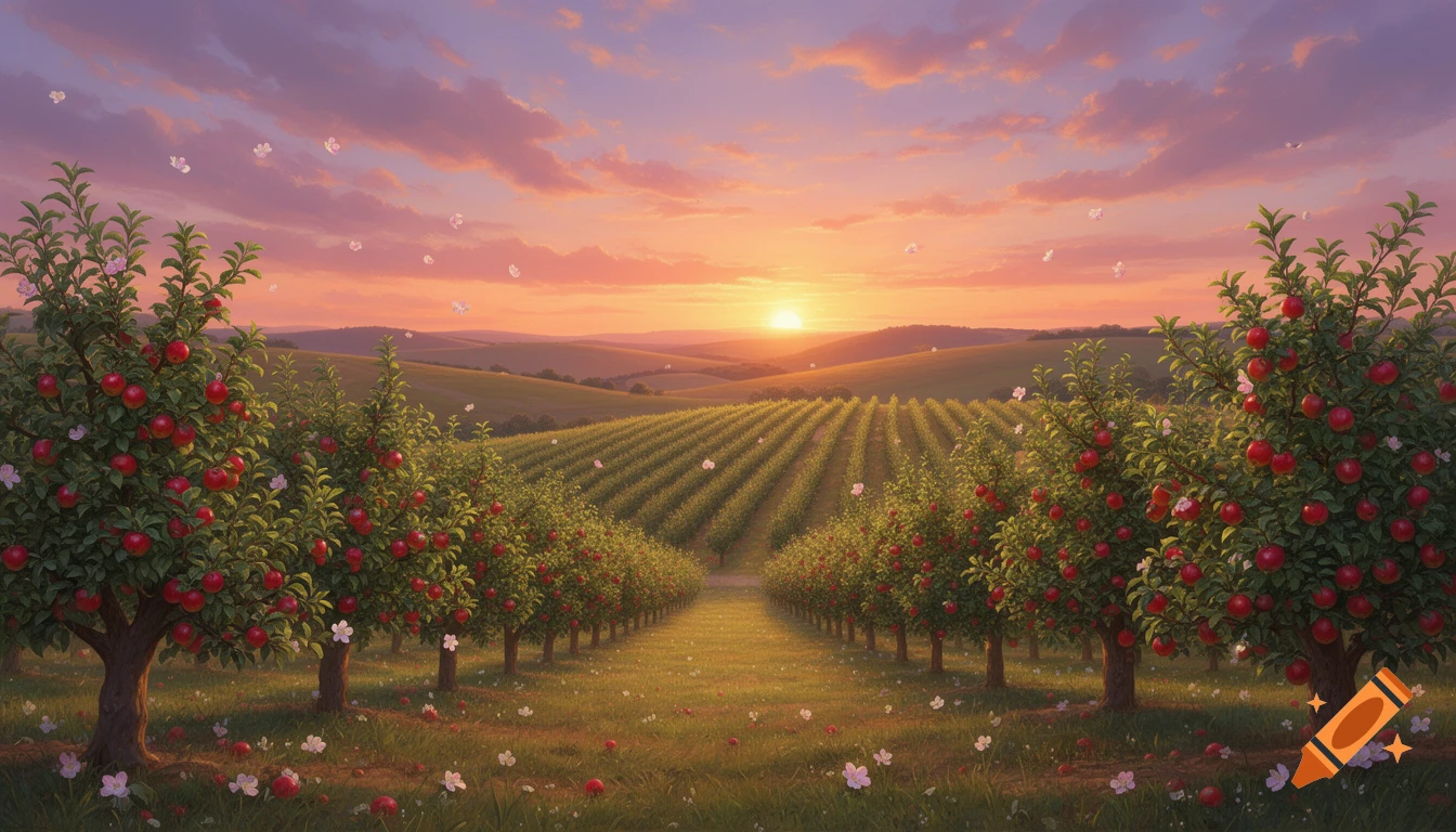 Rows of apple trees in an orchard stretch towards rolling hills under a colorful sunset sky, with small flowers scattered.