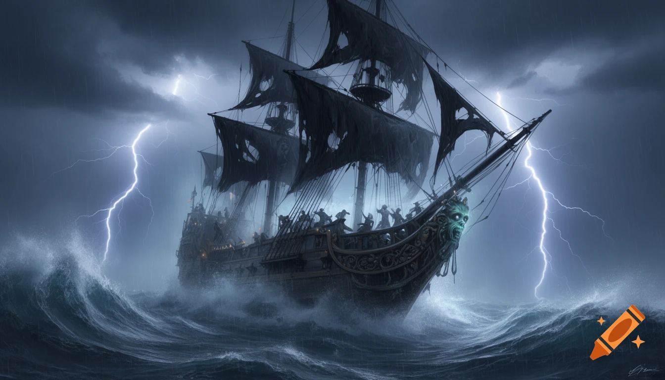 A ghostly pirate ship with tattered black sails sails through a dark ...