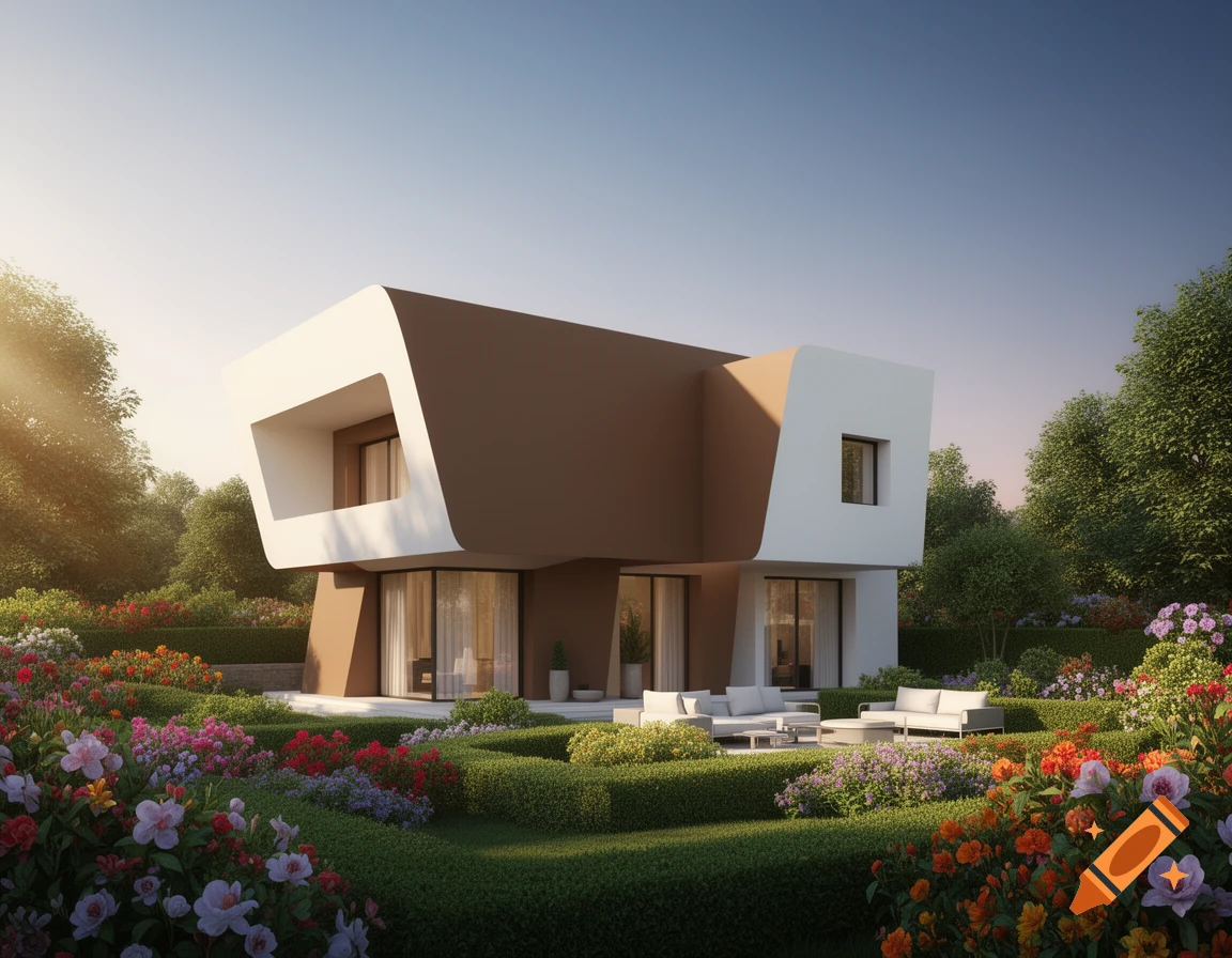 A photorealistic 3D render of a modern brown and white geometric house surrounded by a lush garden with colorful flowers and green hedges.