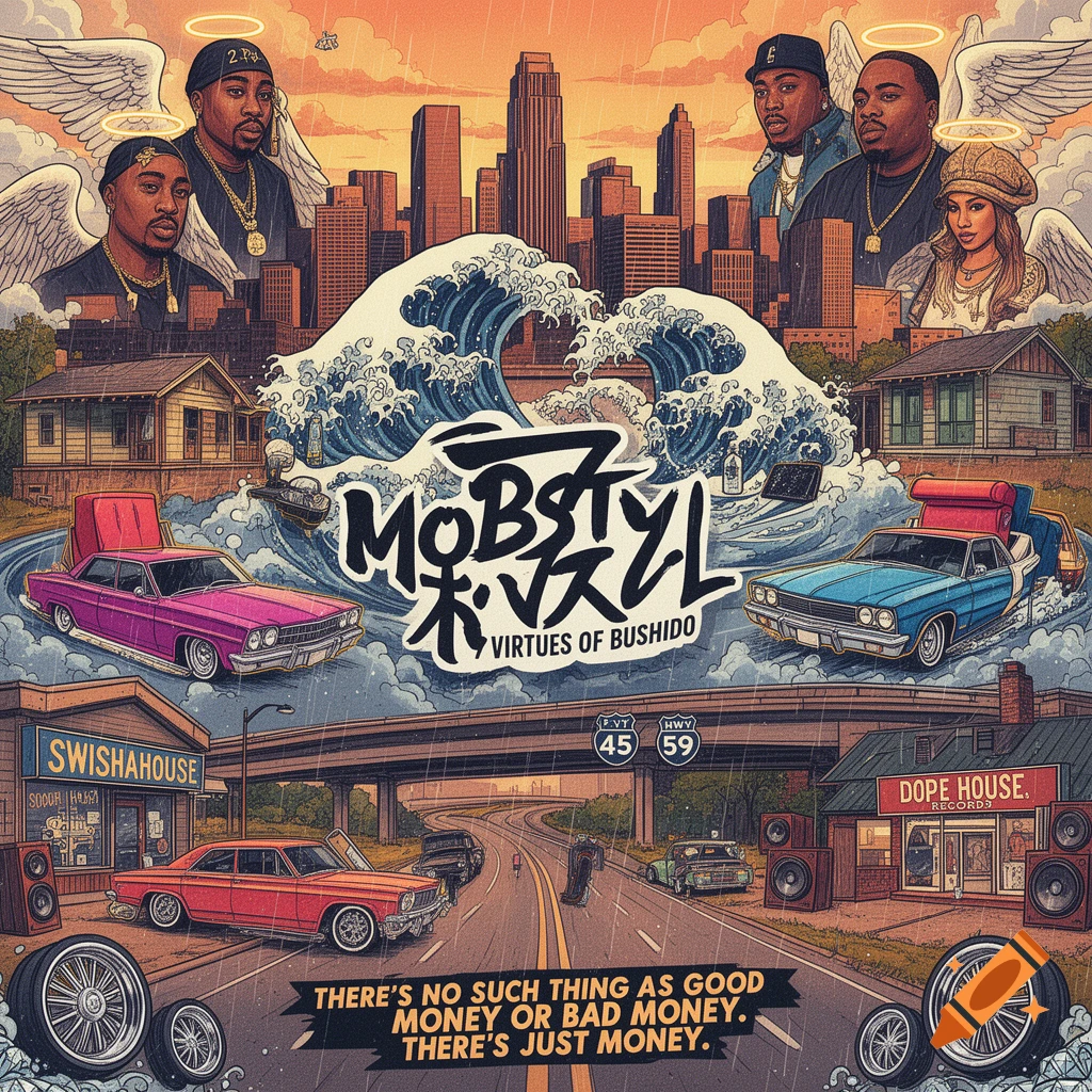 An elaborate, cartoon-style album cover featuring a city skyline, crashing waves, lowrider cars, and several figures with halos and angel wings, with various text elements.