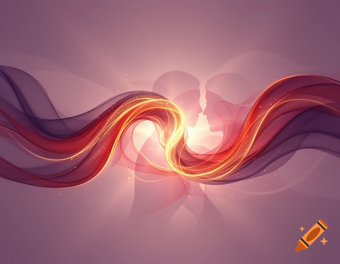 Abstract art of two face silhouettes facing each other, intertwined with glowing red and gold light streaks on a purple background.