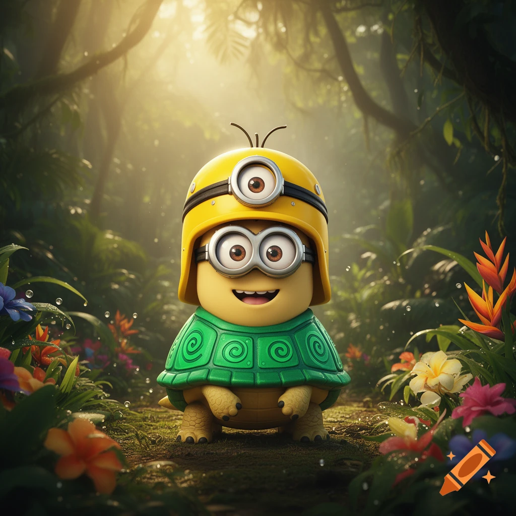 A cute Minion character wearing a green turtle shell and yellow helmet with goggles smiles in a vibrant jungle scene.