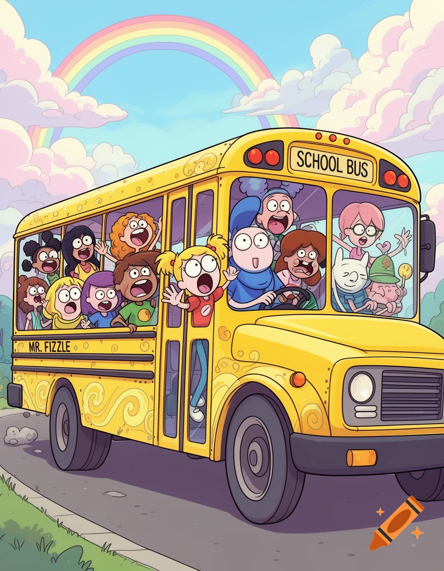 Cartoon school bus filled with diverse, screaming children, driving on a road under a rainbow, in Adventure Time art style.