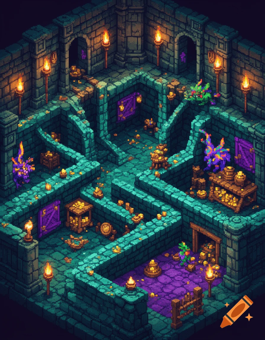 Isometric pixel art dungeon maze with stone walls, glowing torches, scattered gold, treasure chests, and purple elements.