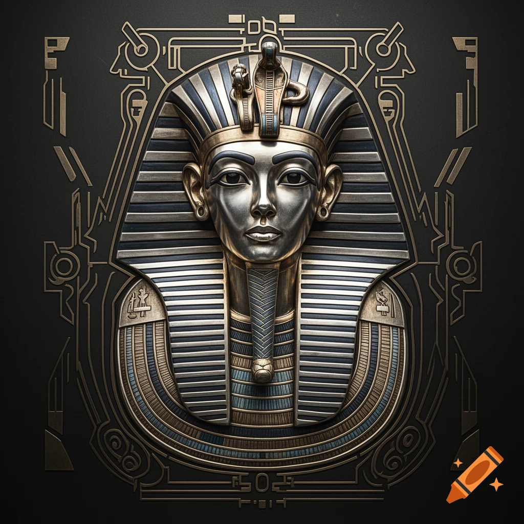Stylized metal line art of Tutankhamun's death mask with gold and silver details, on a dark background with geometric patterns.