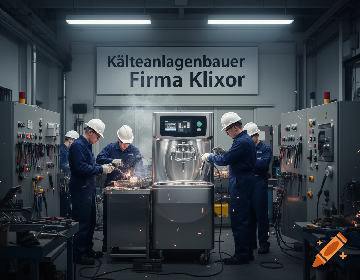 Workers in white hard hats and blue overalls welding in a clean factory workshop with a 'Kälteanlagenbauer Firma Klixor' sign.