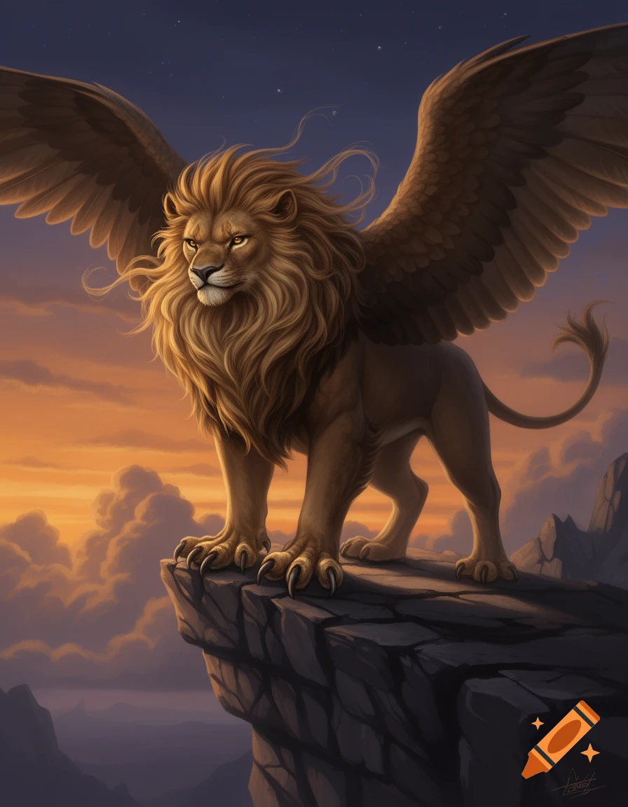 A majestic winged lion stands proudly on a rocky cliff overlooking a valley at sunset, with a vibrant orange sky.