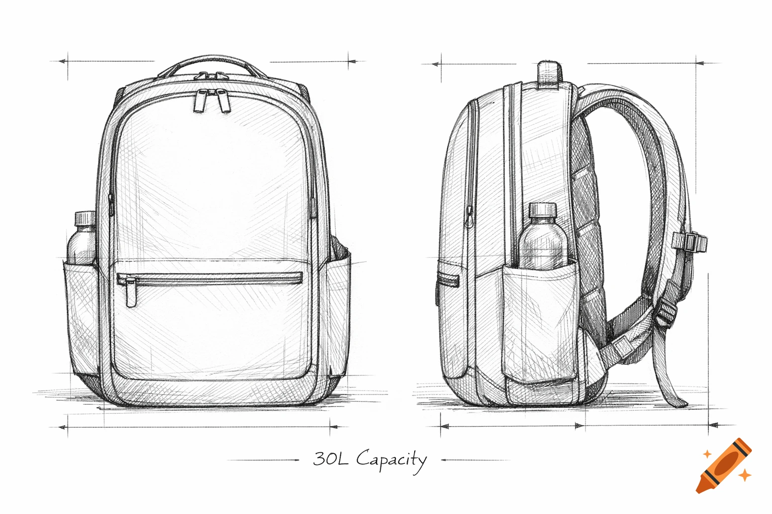 Hand-drawn sketch of a minimalist 30L backpack, showing front and side views with dimension lines and water bottles.