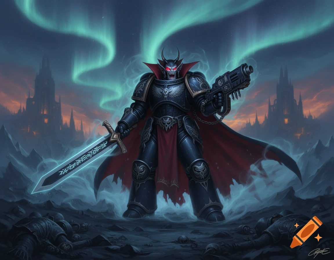 A vampiric warrior in black armor and red cape with a glowing sword and gun stands over fallen foes beneath a green aurora and dark castles.