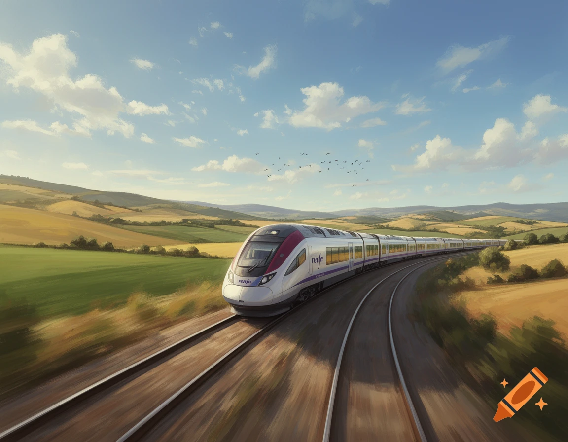 A modern white and purple Renfe train speeds along tracks through a sunny, rolling green and yellow countryside, under a blue sky with clouds.