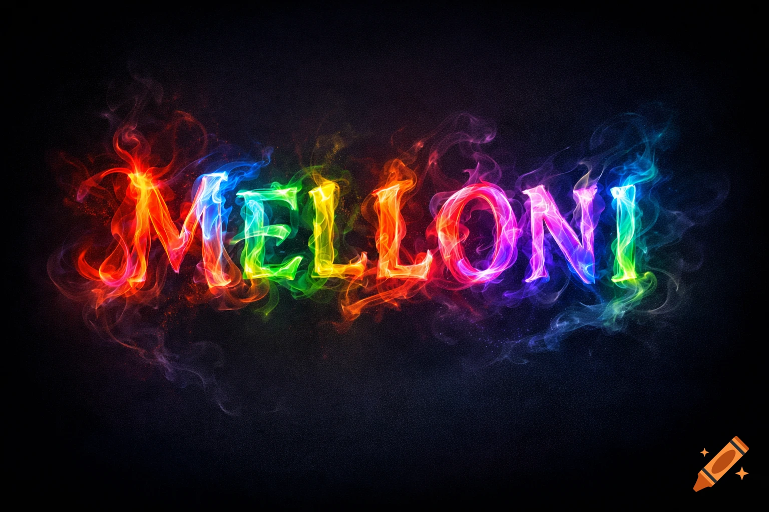 The word MELLONI formed by vibrant rainbow-colored smoke, swirling against a dark background.