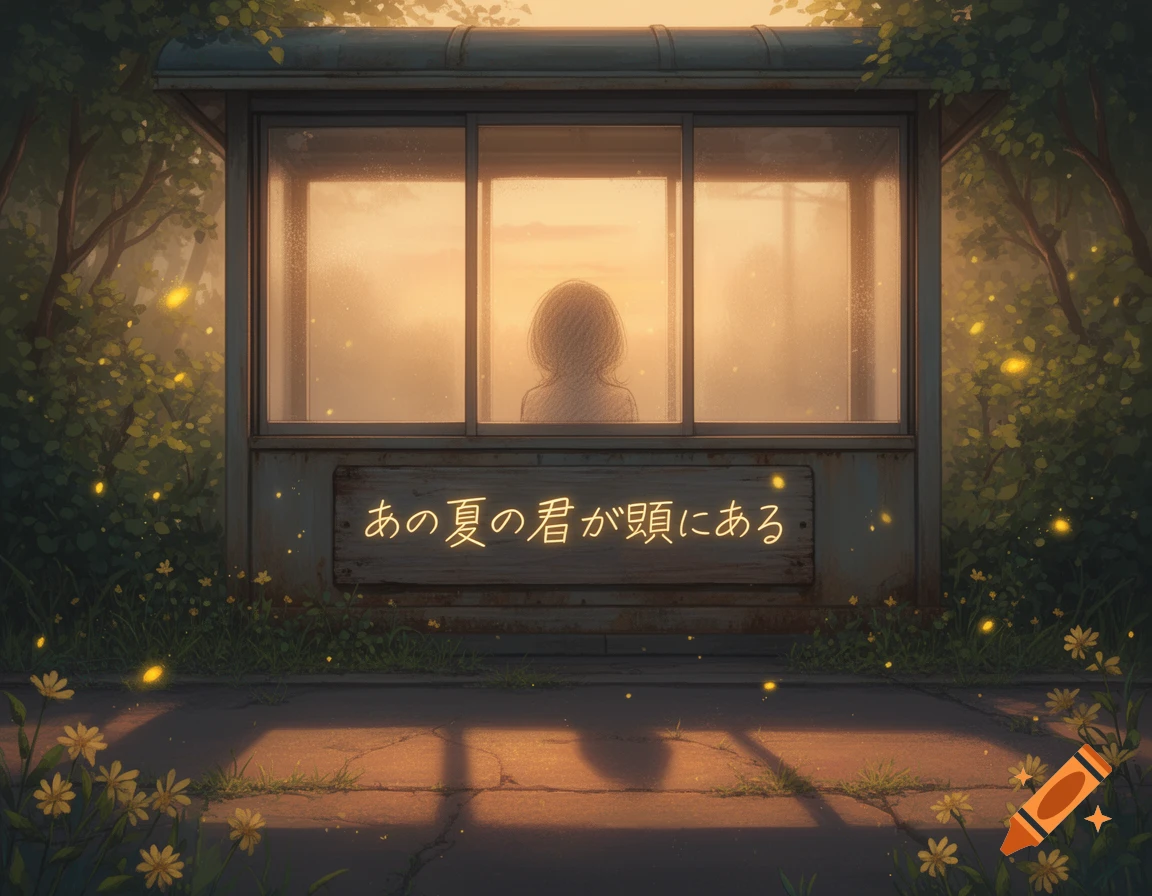 An anime-style illustration of a person seen from behind, sitting at a bus stop surrounded by lush greenery and glowing fireflies, with Japanese text on a sign.