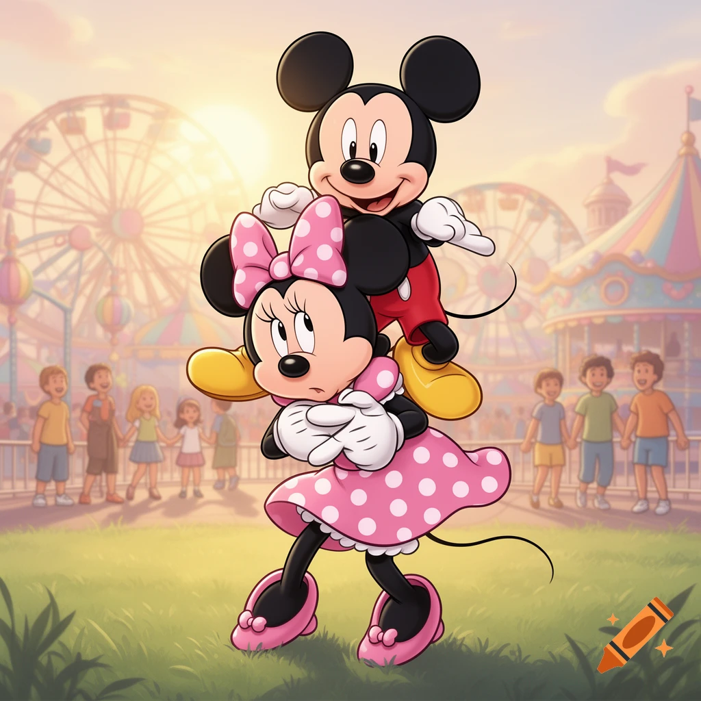 Mickey Mouse rides on Minnie Mouse's shoulders at a cartoon fairground with a Ferris wheel and carousel.