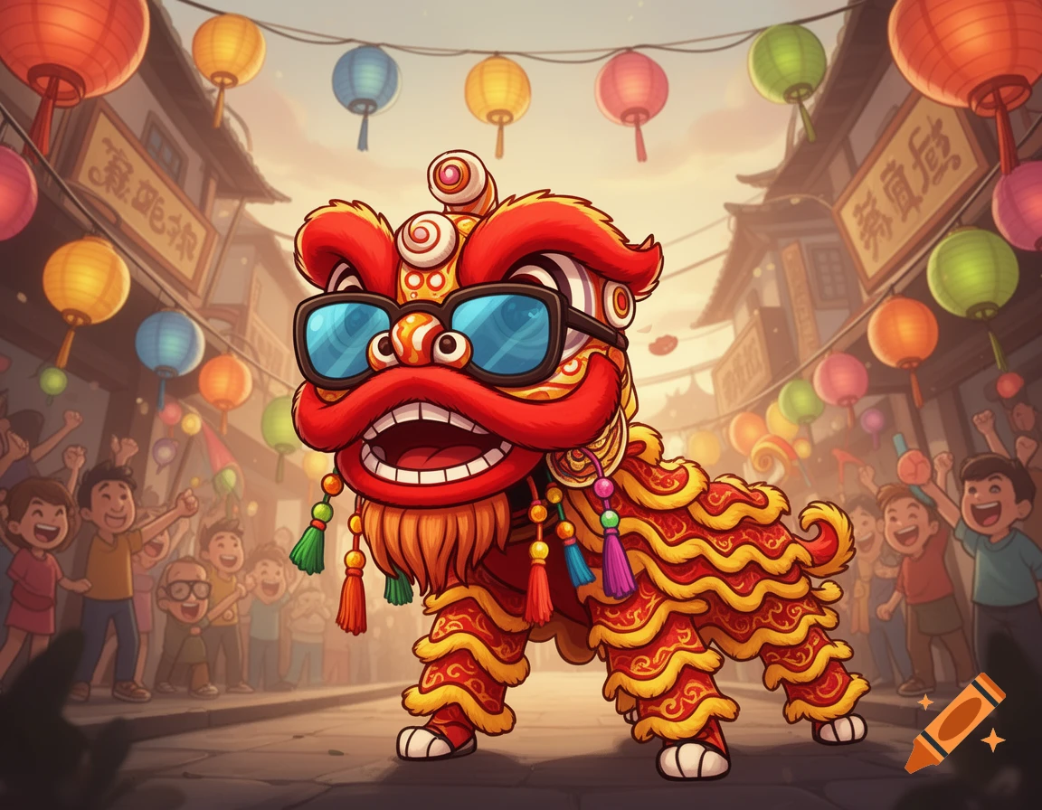 Cartoon lion dance with sunglasses on a festive street, surrounded by cheering people and colorful lanterns.