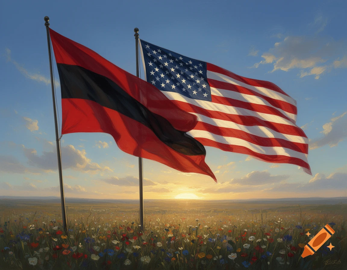 American flag and a red and black flag wave above a wildflower field at sunset, in a realistic painting style.