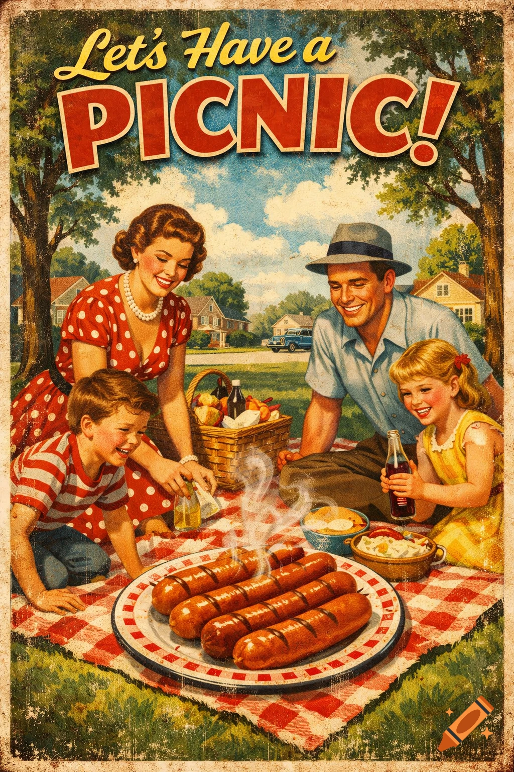 A 1950s-style poster showing a family picnicking with hotdogs, enjoying a sunny day in a neighborhood park.