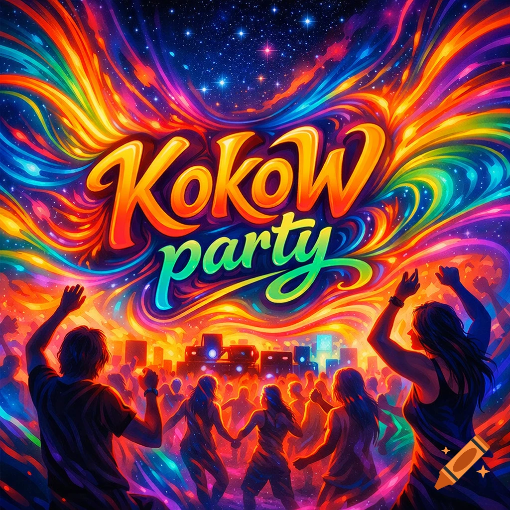 A vibrant, psychedelic illustration of a 'KokoW party' with dancing figures silhouetted against a colorful city skyline and a starry sky.