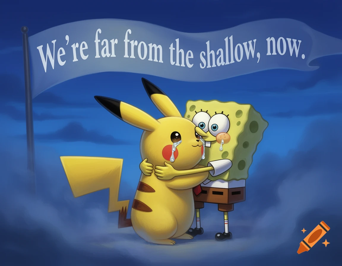 Pikachu and SpongeBob hug while crying under a banner that reads 'We're far from the shallow, now.'