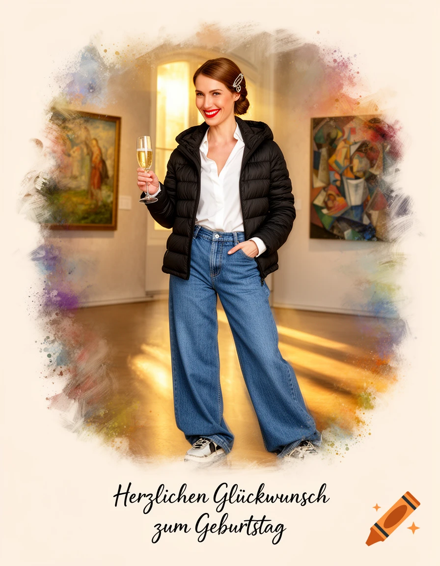 A smiling woman holding champagne, dressed in a black puffer jacket and wide jeans, stands in an art museum. Text below reads "Herzlichen Glückwunsch zum Geburtstag".