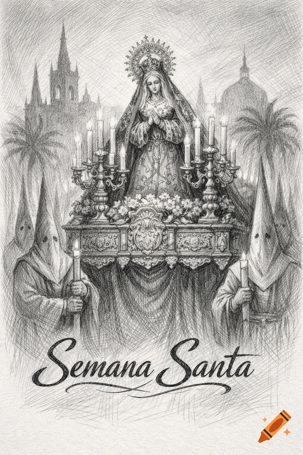 Pencil sketch of a Virgin Mary statue on a Holy Week procession float, with hooded figures carrying candles and church spires in the background.