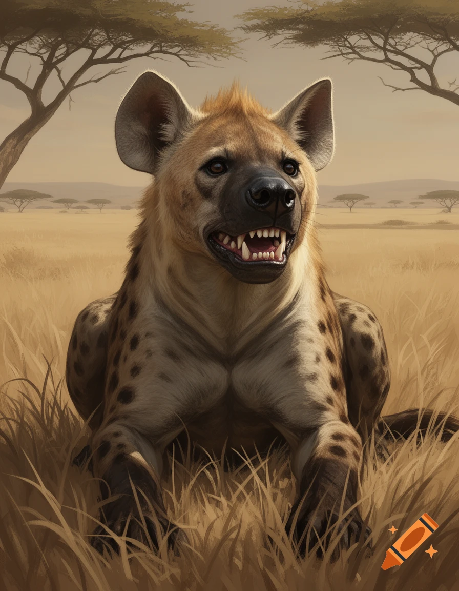 A spotted hyena with prominent ears and sharp teeth lies in dry grass on a savanna with sparse trees under a hazy sky.