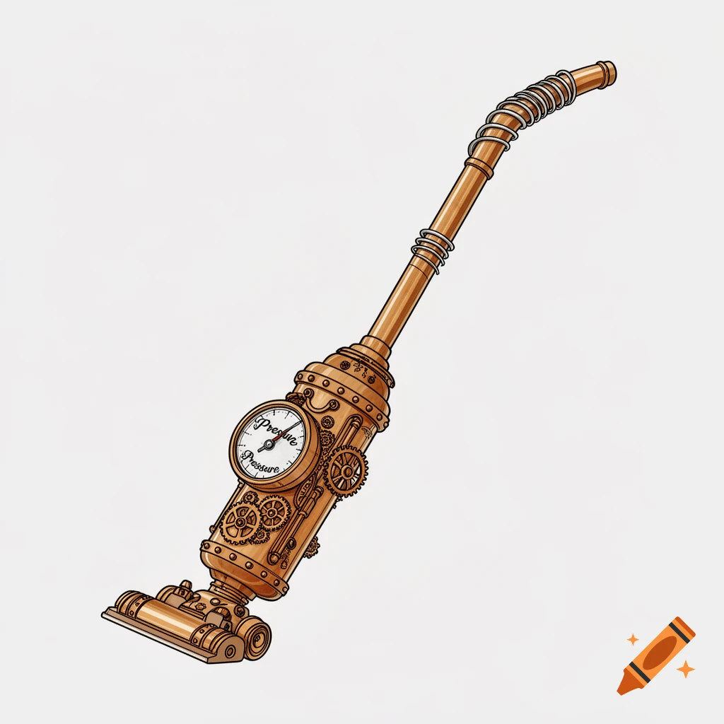 Simple illustration of a steampunk-style vacuum cleaner with a pressure gauge on a white background.
