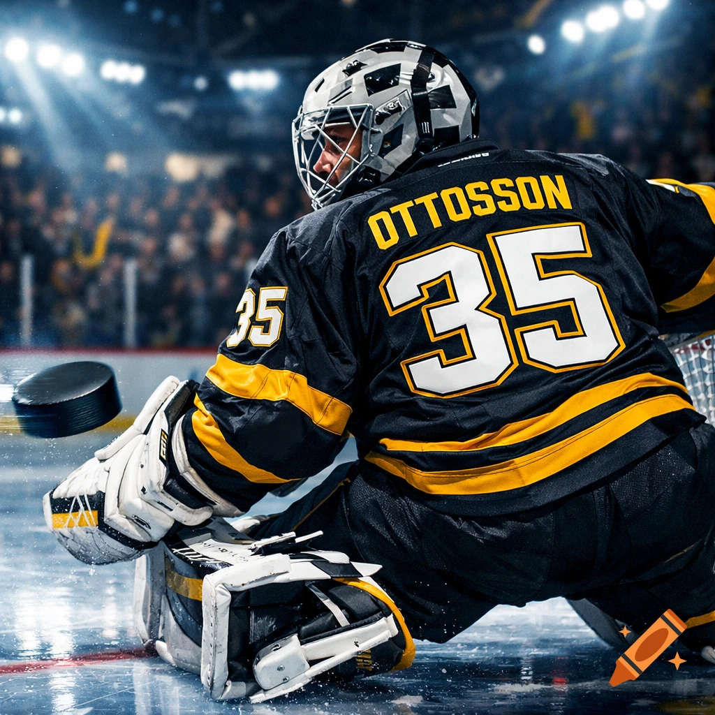A hockey goalie in a black and yellow jersey with 'OTTOSSON 35' on the back, making a save on the ice, with a puck in mid-air.