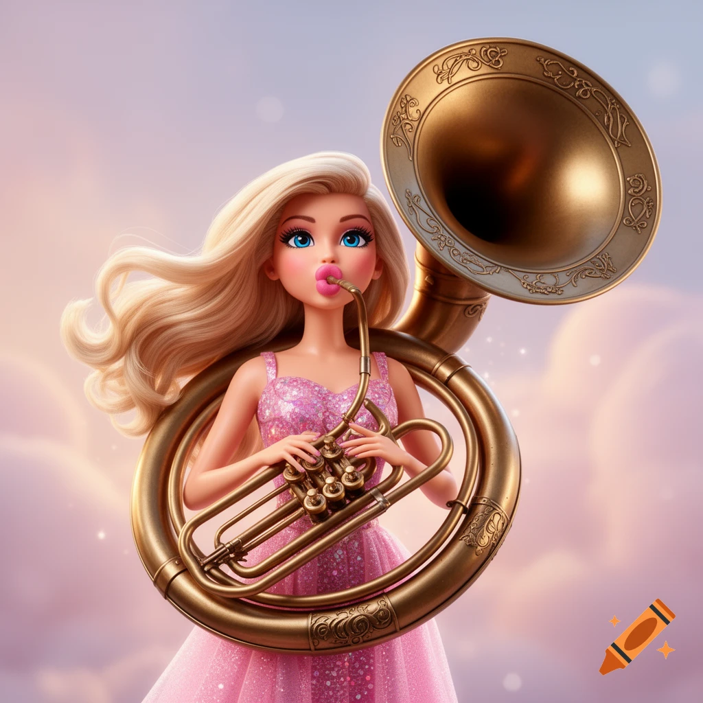A 3D art depiction of a Barbie doll with long blonde hair and large blue eyes, wearing a pink glittery dress, playing a bronze sousaphone against a soft, cloudy background.