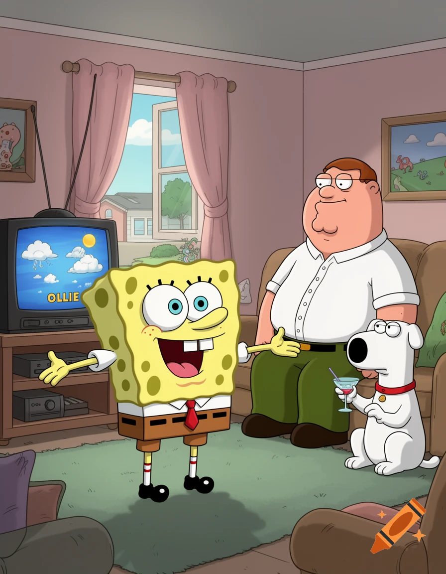 SpongeBob, Peter Griffin, and Brian Griffin with a cocktail in a cartoon living room.