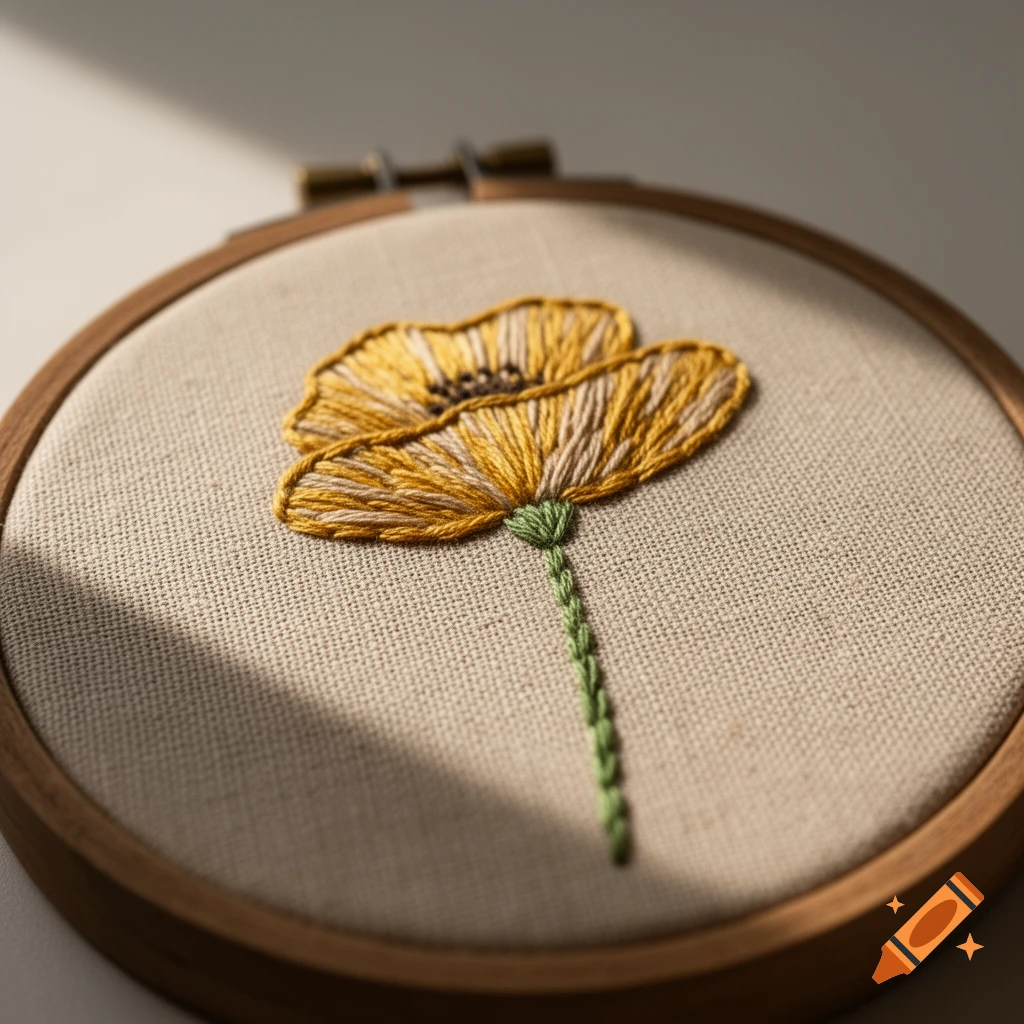 Close-up of a yellow poppy embroidered on beige linen fabric in a wooden hoop with soft natural lighting.