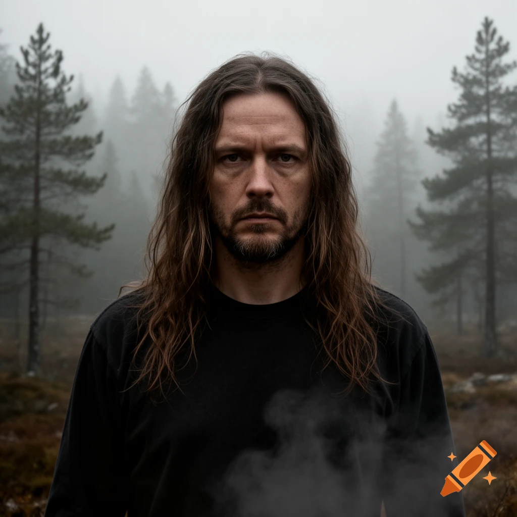 A serious man with long brown hair and a beard looks directly forward, standing in a misty forest with pine trees.